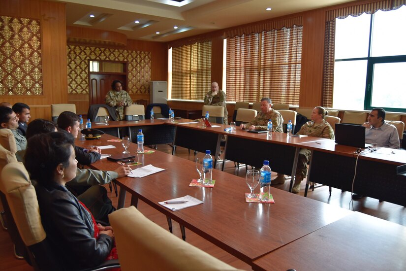 Maj. Neysa Williams, USARCENT public affairs officer, discusses community and media relations during a Media Relations Exchange April 20, in Dushanbe, Tajikistan.