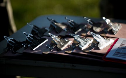 Clip boards are prepared for graders as U.S. Army Reserve Soldiers from the 200th Military Police Command's headquarters company participate in the Army Physical Fitness Test, May 14, during battle assembly at Fort Meade, Maryland. (U.S. Army photo by Master Sgt. Michel Sauret)