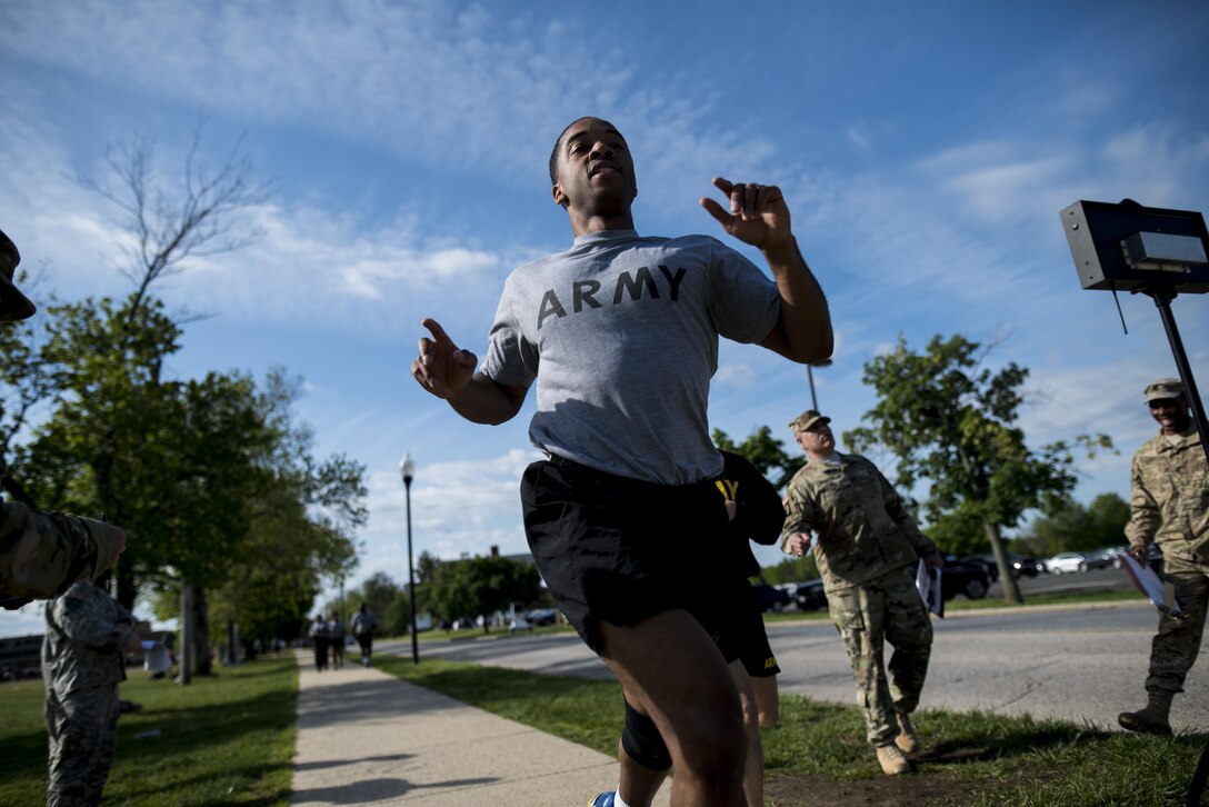 Capt. Khoran Lee, U.S. Army Reserve public affairs officer for the 200th Military Police Command, finishes a two-mile run as part of the Army Physical Fitness Test, May 14, during battle assembly at Fort Meade, Maryland. (U.S. Army photo by Master Sgt. Michel Sauret)