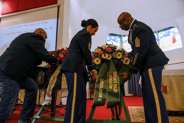 Army leaders lay wreathes during the Kindergraves Memorial Service May 14, 2016, at Daenner Kaserne, Germany. The memorial honored 451 American children who died during the Cold War and were buried in the Kaiserslautern Military Community. (U.S. Air Force photo/Senior Airman Nicole Keim)