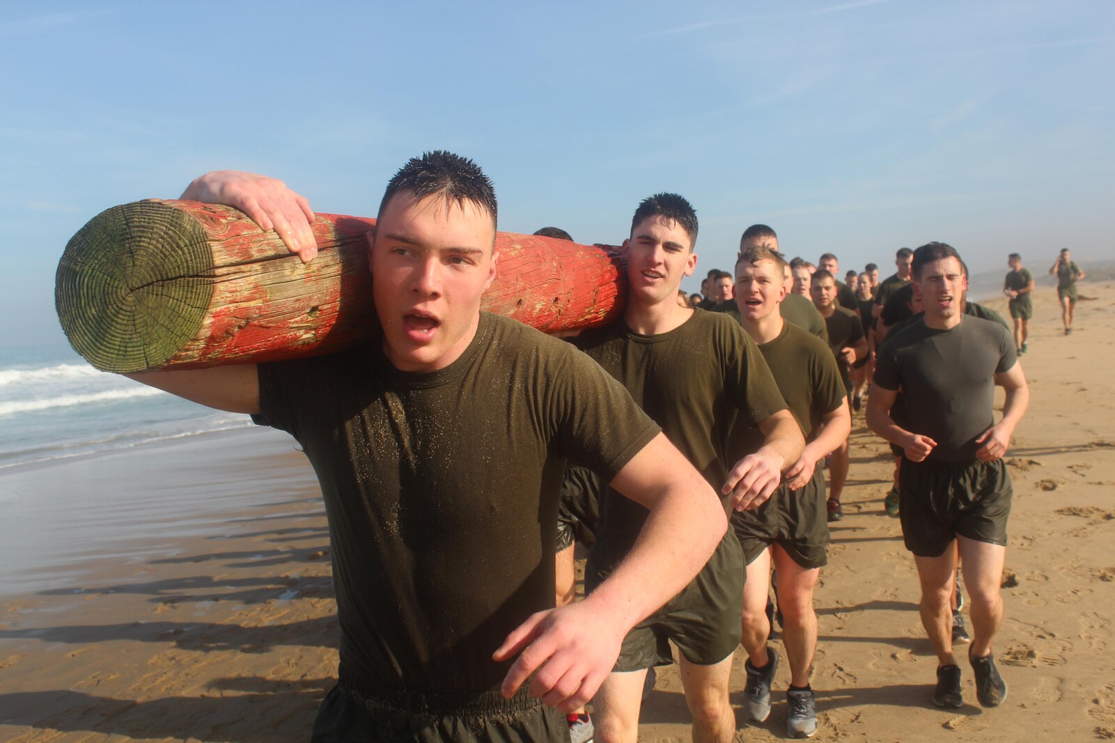 On 12 February, 2016 Marines in the Marine Corps Detachment participated in a log run on the beach in Monterey, Ca to build camaraderie and challenge themselves physically.  