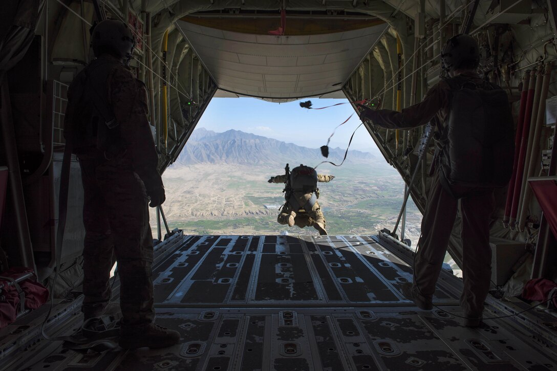 A pararescueman jumps from a C-130J Super Hercules aircraft during a mission rehearsal at Bagram Airfield, Afghanistan, April 28, 2016. Air Force photo by Senior Airman Justyn M. Freeman