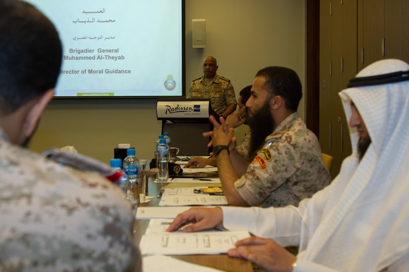 Kuwaiti Brig. Gen. Mohammed Al-Thayeb, director of moral guidance and public relations, gives his opening remarks during a bilateral theater security cooperation seminar with U.S. Army Central chaplains and council of ministers in Kuwait City, May, 2, 2016. The seminar was the start of discussions between the Kuwait military and USARCENT to partner and find ways to counter religious extremism. (U.S. Army photo by Sgt. Youtoy Martin, U.S. Army Central Public Affairs)