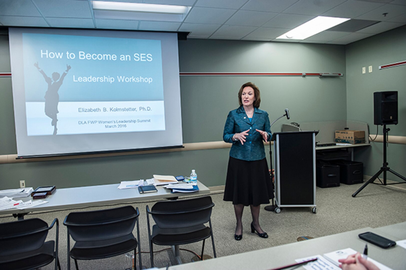 Elizabeth Kolmstetter, Ph. D., chief human capital officer, U.S. Agency for International Development, provides a leadership workshop at the 2016 Defense Federal Community Women’s Leadership Summit March 23 at Defense Supply Center Columbus’ Armed Forces Reserve Center (Building 2). Kolmstetter’s workshop was titled “How to Become an SES.”