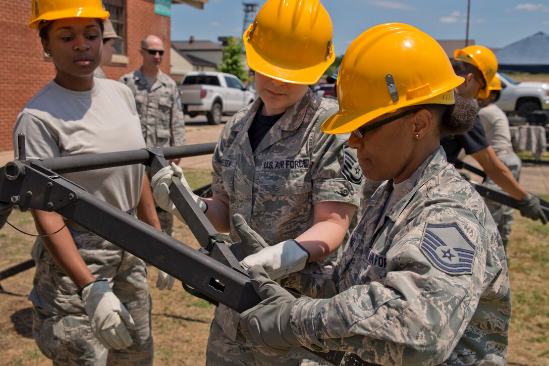 U.S. Air Force Reserve Airmen assigned to the 913th Force Support Squadron, participate in tent-building training during the 913th Airlift Group’s Unit Training Assembly weekend at Little Rock AFB, Ark., May 15, 2016. The hands-on training, which is required every 20 months, gives the Airmen experience with the equipment in the event they are deployed to a location with little or no support. (U.S. Air Force photo by Master Sgt. Jeff Walston/Released)    