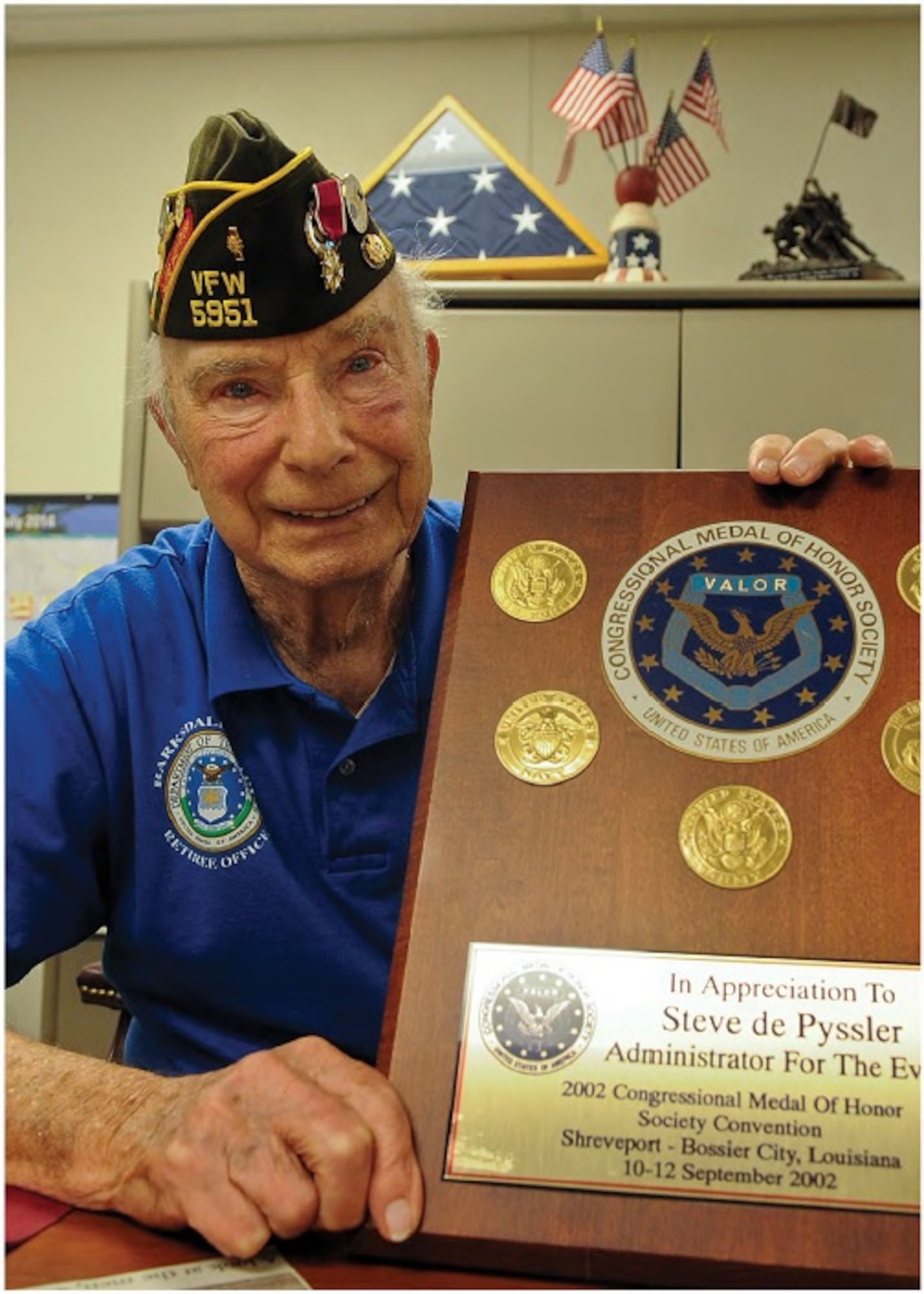Colonel (Ret.) Steve dePyssler is a 38-year Army Air Corps and Air Force veteran. Born in 1919, he was drafted into the Army Air Corps in 1940 as World War II began. While on active duty, he served as every enlisted, warrant officer and officer grade up to O-6. (U.S. Air Force photo by Senior Airman Kristin High)