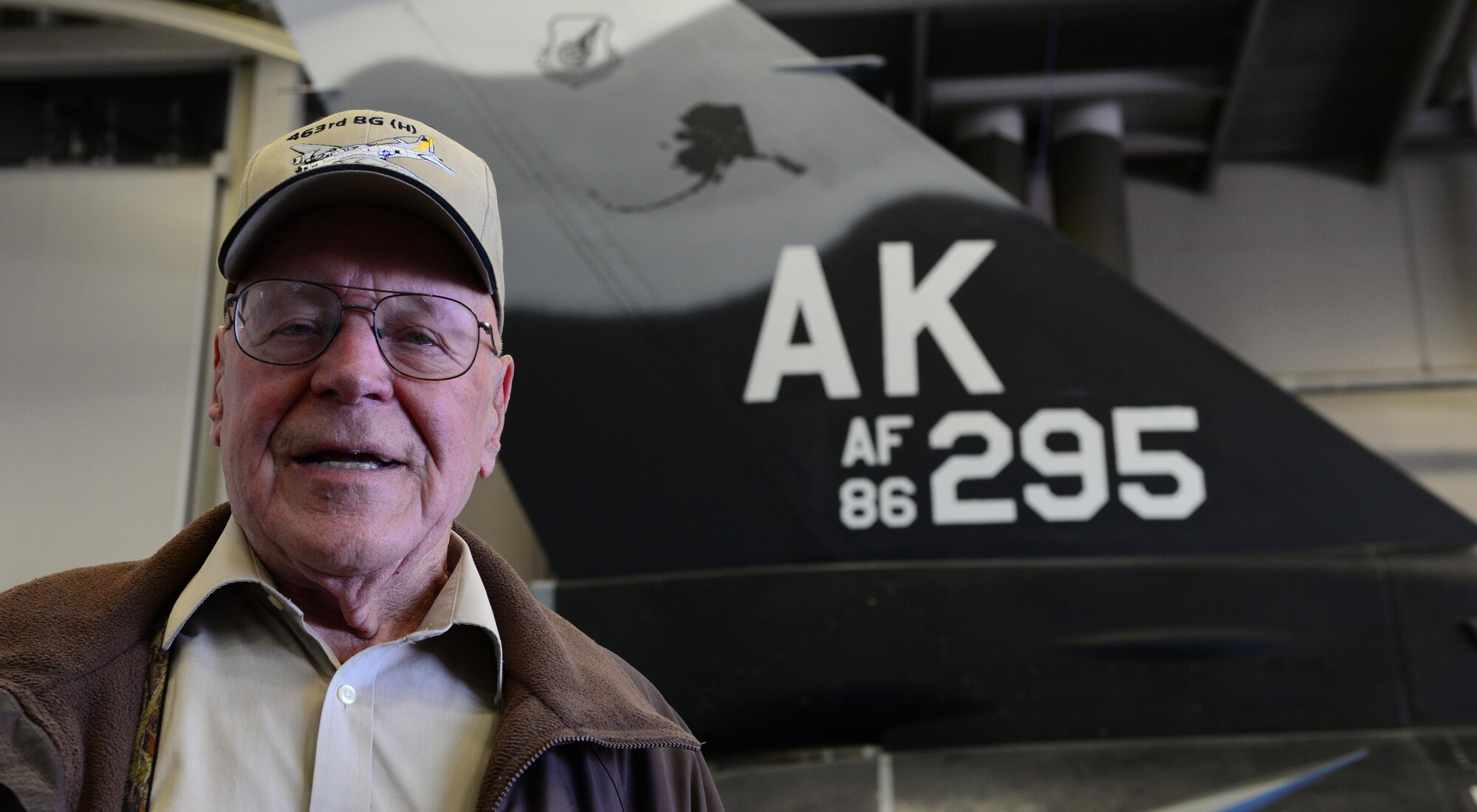 Urban Rahoi, a World War II veteran and Fairbanks, Alaska resident, takes a brief photo opportunity while touring a U.S. Air Force F-16 Fighting Falcon aircraft May 13, 2016, at Eielson Air Force Base, Alaska. Rahoi was invited to visit the base by U.S. Air Force Col. Michael Winkler, the 354th Fighter Wing commander. (U.S. Air Force photo by Airman 1st Class Cassandra Whitman/Released)
