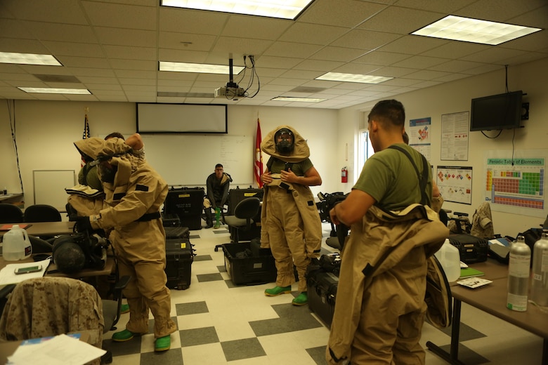 Marines with the Chemical Biological Radiological and Nuclear (CBRN) unit put on hazardous Material suits during Assessment Consequence Management training aboard Marine Corps Air Station Miramar, Calif., May 6. The ACM training is conducted by CBRN once a month to maintain mission readiness. (U.S. Marine Corps photo by Pfc. Liah Kitchen/Released)