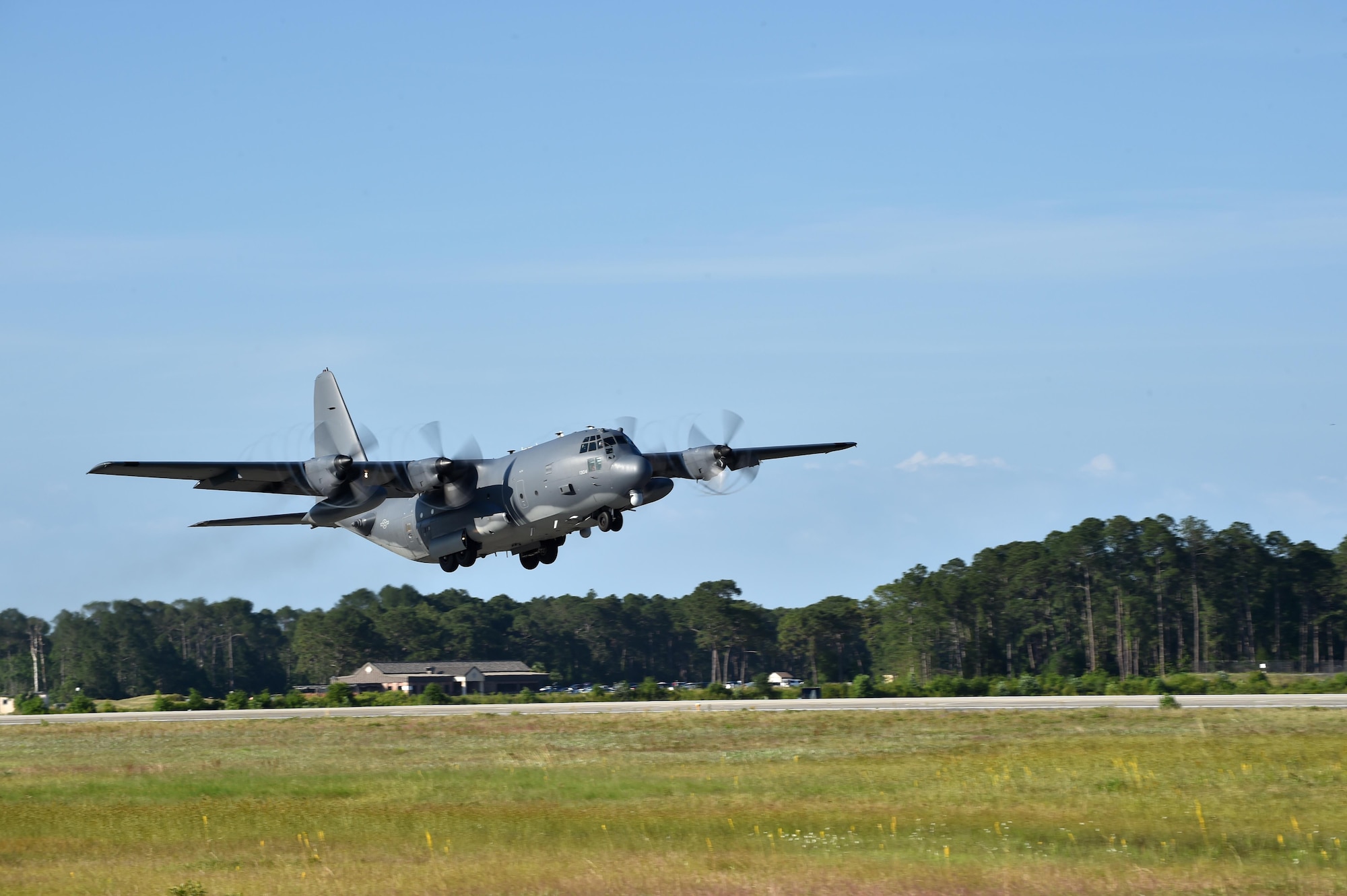 An AC-130 gunship launches as part of Emerald Warrior 2016.  The exercise is a U.S. Special Operation Command-sponsored mission rehearsal during which joint special operations forces train to respond to real and emerging worldwide threats. (U.S. Air Force photo by Senior Airman Logan Carlson)