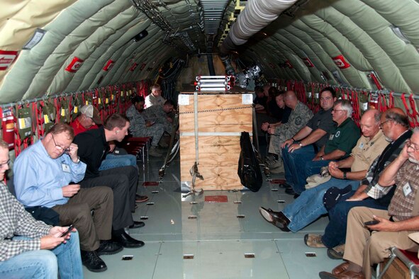 Civilian employers of U.S. Air Force Reserve members from the 307th Bomb Wing turn off cell phones and put in earplugs in preparation for a refueling flight at Barksdale Air Force Base, La., May 14, 2016.  Members of the 307th BW nominated their civilian employers to take part in the day which included witnessing the refueling a B-52 Stratofortress. (U.S. Air Force photo by Tech. Sgt. Ted Daigle/released)