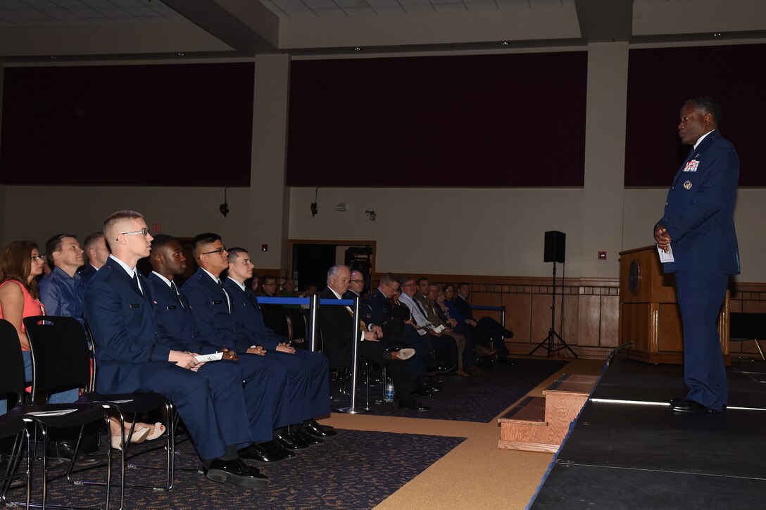 Retired U.S. Air Force Lt. Gen. Ronnie Hawkins Jr., Angelo State University Department of Security Studies and Criminal Justice professor and guest speaker, speaks about the importance of the Oath of Office during the Air Force ROTC Detachment 847 commissioning ceremony at ASU’s C. J. Davidson Conference Center, May 13, 2016. Four cadets commissioned into the Air Force during the ceremony. (U.S. Air Force photo by Staff Sgt. Laura R. McFarlane/Released)