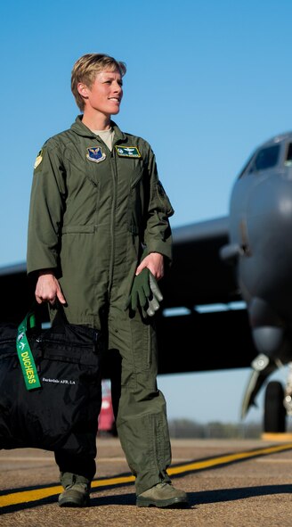 Col. Kristin E. Goodwin, 2nd Bomb Wing commander, prepares to board a B-52H Stratofortress at Barksdale Air Force Base, La., March 21. Goodwin, a command pilot with time in both the B-2 Spirit and B-52, will relinquish command of the 2nd BW to Col. Ty Neuman, May 20, prior to reporting to her new position as senior military advisor to Secretary of the Air Force Deborah Lee James. (U.S. Air Force photo/Senior Airman Mozer O. DaCunha)