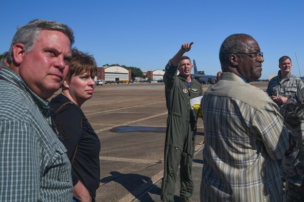 U.S. Air Force Senior Airman James Marshall, a boom operator assigned to the 434th Air Refueling Wing, Grissom Air Reserve Base, Ind., briefs emergency evacuation procedures of the KC-135 Stratotanker during the 307th Bomb Wing’s Clergy Day at Barksdale Air Force Base, La. on May 13, 2016. The Wing’s Reserve Airmen invited their clergy to see the Wing, learn about the Reserve mission and fly in the KC-135 to see an in-air refueling of a B-52 Stratofortress. (U.S. Air Force photo by Master Sgt. Dachelle Melville/Released)