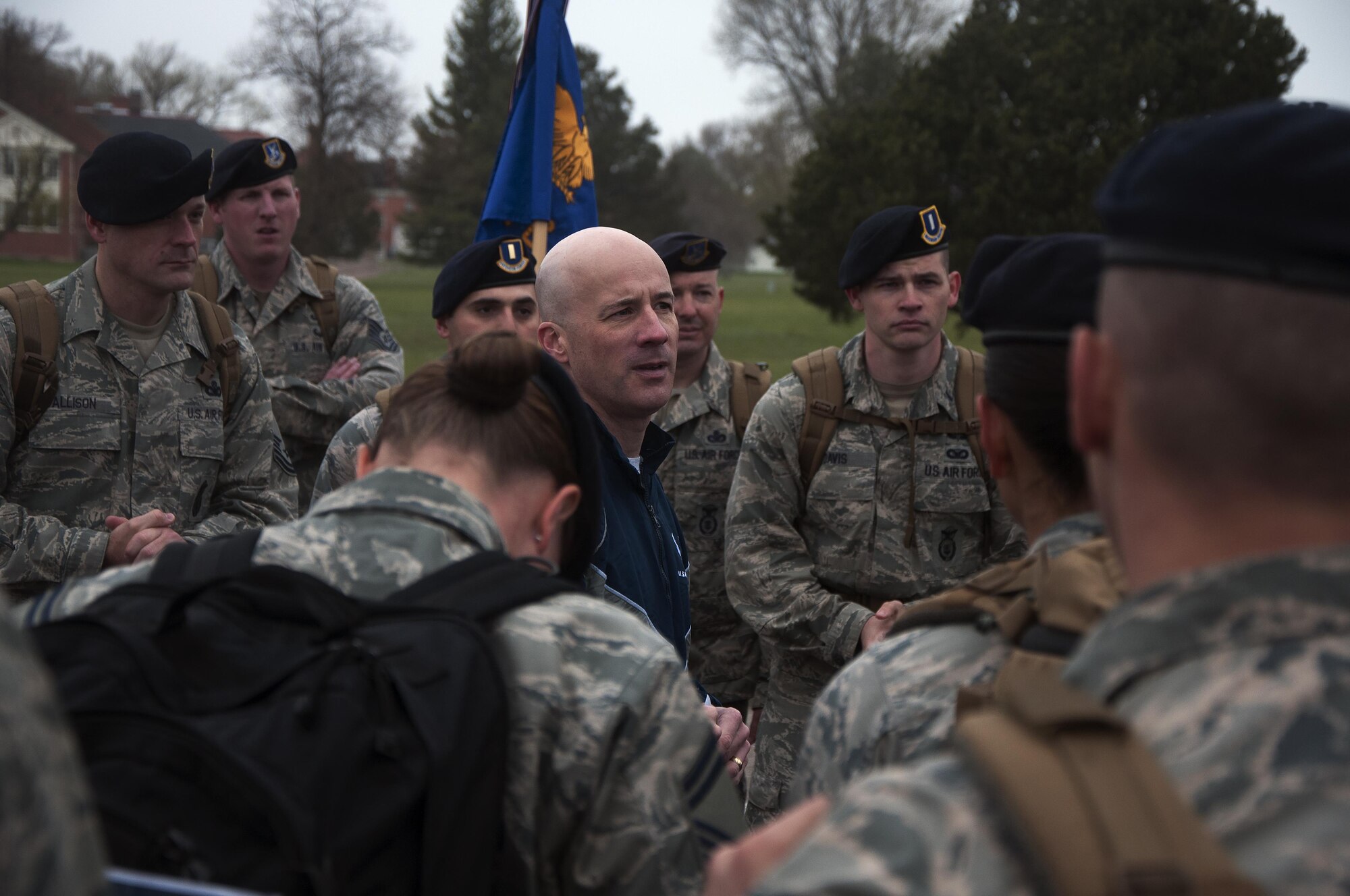 Col. Christopher Corley, 90th Security Forces Group commander, speaks to defenders about the history of police week before the memorial 5-kilometer ruck-run in honor of National Police Week on F.E. Warren Air Force Base, Wyo., May 16, 2016. During his speech, Corley explained the importance of Police Week was to remember the fallen and pay tribute to the sacrifice of those serving. (U.S. Air Force photo by Senior Airman Brandon Valle)