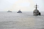 PACIFIC OCEAN (May 15, 2016) - The Republic of Korea Ulsan Class Frigate ROKS Pusan (FF 959), the French light monitoring frigate FSN Vendemiaire (F734) (middle), the guided-missile destroyer USS Momsen (DDG 92) (front) during a photo exercise. Momsen, along with destroyers USS Decatur (DDG 73) and USS Spruance (DDG 111), with embarked "Devil Fish" and "Warbirds" detachments of Helicopter Maritime Strike Squadron (HSM) 49, are deployed as part of a U.S. 3rd Fleet Pacific Surface Action Group (PAC SAG) under Destroyer Squadron (CDS) 31. 