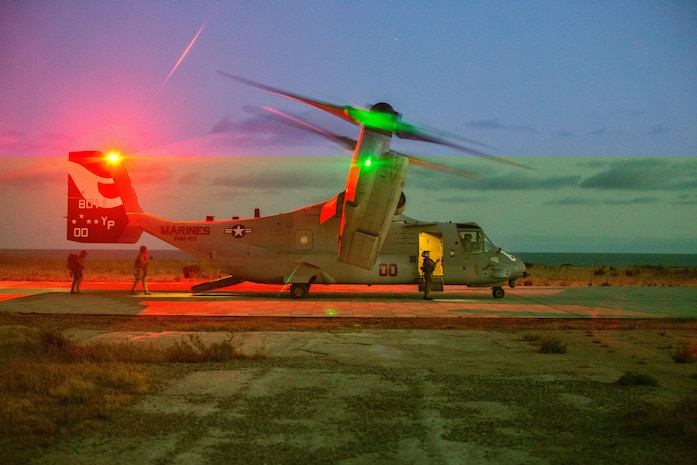 U.S. Navy Corpsmen board an MV-22B Osprey to practice treating patients while the aircraft conducts evasive maneuvers to simulate the stresses of evacuating from a hot landing zone during a casualty evacuation drill taking place as part of the 11th Marine Expeditionary Unit’s MEU exercise aboard Marine Corps Base Camp Pendleton, Calif., May 9, 2016. MEUEX is one of the six training evolutions a MEU must go through to be ready for its final exercise, Certification Exercise, which will certify the MEU  for its upcoming deployment to the Pacific and Central Commands’ areas of operation. The corpsmen are with Shock Trauma Platoon, Combat Logistics Battalion 11, 11th MEU. The Osprey and crew are with Marine Medium Tiltrotor Squadron 163 (Reinforced), 11th MEU. (U.S. Marine Corps photo by Lance Cpl. Brandon Maldonado/ Released)