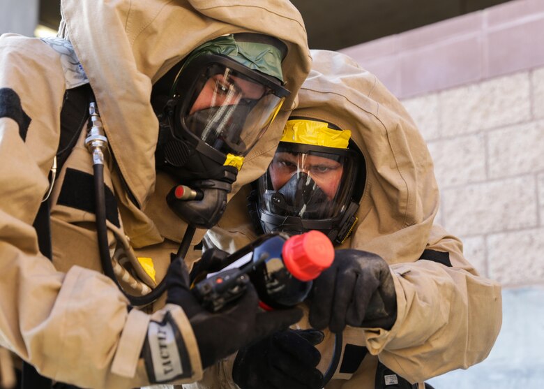 The 11th Marine Expeditionary Unit kicked off MEU Exercise with a Chemical, Biological, Radiological, and Nuclear response training scenario May 9, 2016 at Marine Corps Base Camp Pendleton, Calif. MEUEX is designed to test the 11th MEU’s ability to plan, brief and execute missions, while commanding and controlling forces from a shore-based expeditionary site. CBRN Marines enhance the MEU’s warfighting capability by limiting damage and casualties resulting from potential exposure to harmful agents. (U.S. Marine Corps photo by Lance Cpl. Devan Gowans/Released)