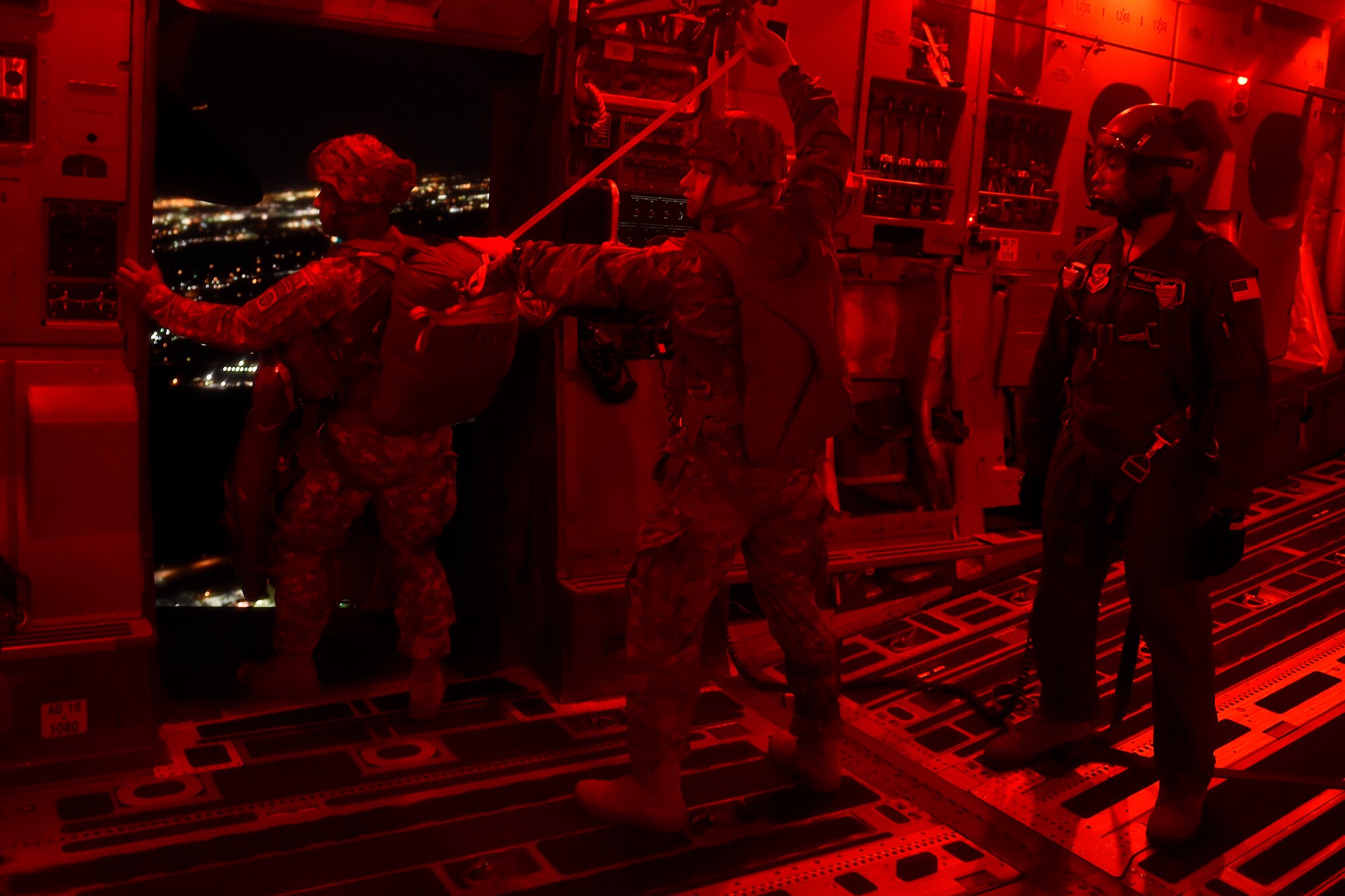 Paratroopers from the 82nd Airborne Division conduct a static line jump May 3, 2016, over Texas during a training exercise. The units involved in the exercise trained in: infiltration and exfiltration of personnel and equipment, personnel recovery operations, integration of conventional forces, airborne operations, aerial resupply, long range movements and exercising command and control elements. (U.S. Air Force photo/ Tech. Sgt. Tim Chacon) 