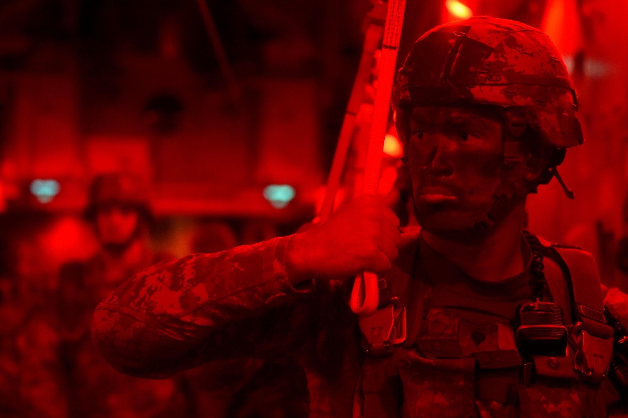 A paratrooper from the 82nd Airborne Division conducts a static line jump May 3, 2016, over Texas during a training exercise. The units involved in the exercise trained in: infiltration and exfiltration of personnel and equipment, personnel recovery operations, integration of conventional forces, airborne operations, aerial resupply, long range movements and exercising command and control elements. (U.S. Air Force photo/ Tech. Sgt. Tim Chacon) )