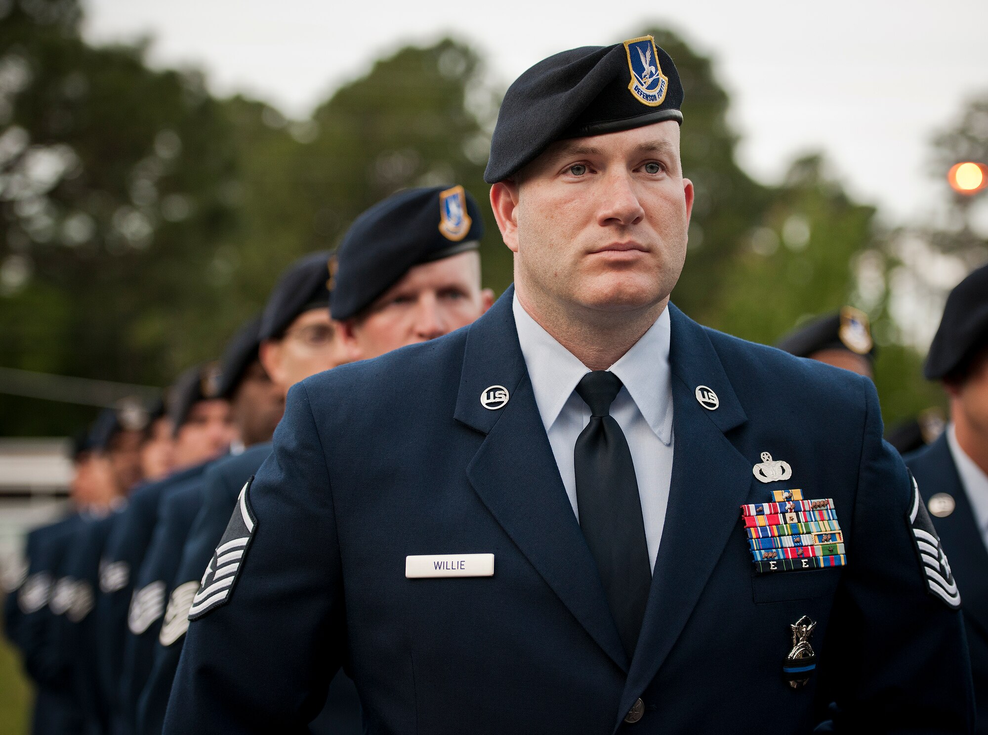 Master Sgt. Ashley Willie stands at the front of a formation of 96th Security Forces Squadron Airmen during the Peace Officers’ Memorial Ceremony May 16 in Fort Walton Beach, Fla.  The ceremony was to honor fallen police officers from the previous year by reading their names aloud.  Security forces Airmen from Eglin and Hurlburt Field attended and participated in the event.  The ceremony is one of many events taking place during National Police Week.  (U.S. Air Force photo/Samuel King Jr.)