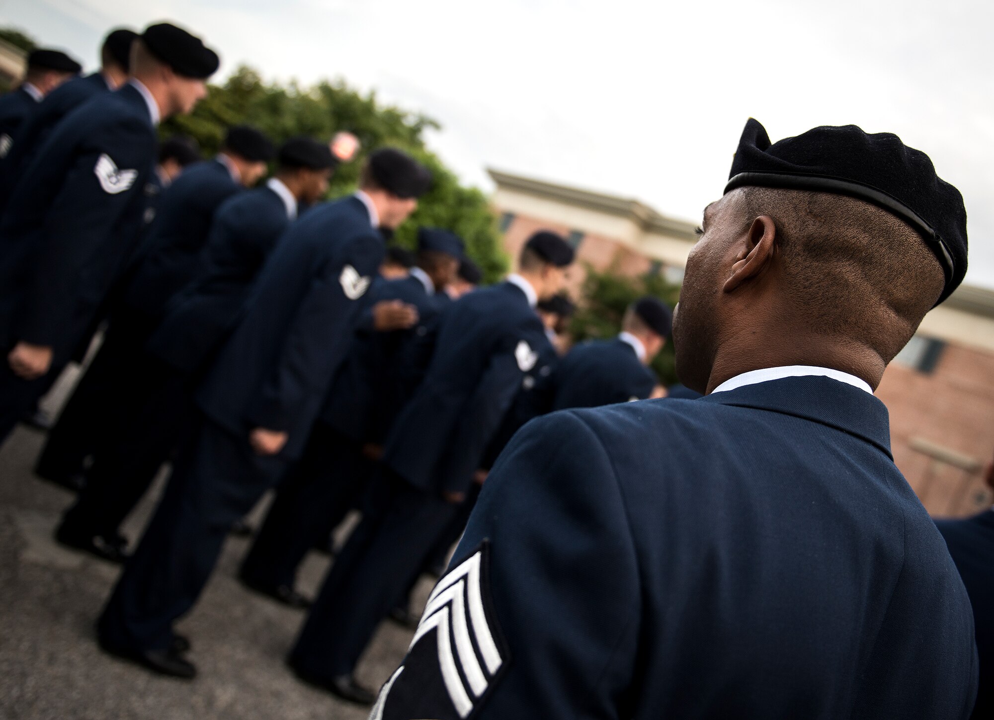 Chief Master Sgt. Samel Brown, 96th Security Forces Squadron, commands his flight of Airmen into the proper formation prior to the Peace Officers’ Memorial Ceremony May 16 in Fort Walton Beach, Fla.  The ceremony was to honor fallen police officers from the previous year by reading their names aloud.  Security forces Airmen from Eglin and Hurlburt Field attended and participated in the event.  The ceremony is one of many events taking place during National Police Week.  (U.S. Air Force photo/Samuel King Jr.)