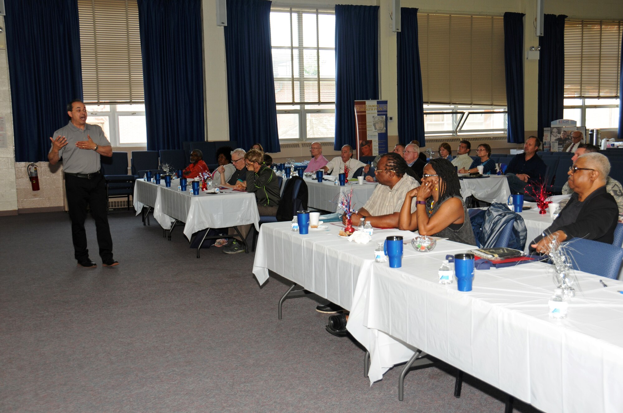 Keith M. Donnell, a certified personal accountant, briefs retired, recently retired and soon-to-be retired military personnel and spouses on the benefits available to them upon full retirement from military service during the Retirees Appreciation Day hosted by the Retiree’s Activities Office at Horsham Air Guard Station, Pennsylvania, May 14, 2016. Donnell also discussed the Thrift Savings Plan and 401K’s in detail and how to invest and financially plan for the future. (U.S. Air National Guard photo by Staff Sgt. Michael Shaffer)