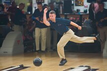 U.S. Air Force Staff Sgt. Chad Germano, an aerial transporter specialist from Pope Field, N.C., warms up during the 2016 Armed Forces Bowling Championship at Travis Air Force Base, Calif., May 9, 2016. The weeklong event showcased the military services’ best bowlers who competed for male, female and team championship titles. (U.S. Air Force Photo by Louis Briscese/Released)