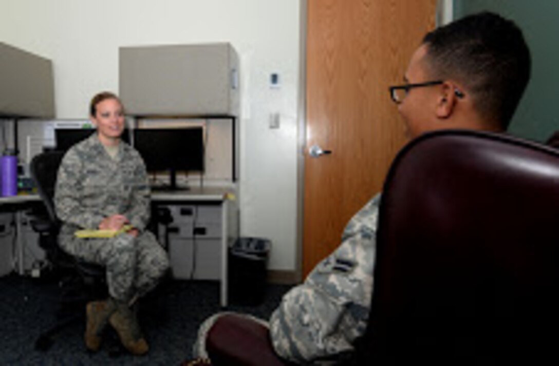 Capt. Chelsea Arnold, 36th Medical Group Mental Health licensed clinical social worker, counsels a simulated patient during a simulated scenario May 11, 2016, at Andersen Air Force Base, Guam. May is Mental Health Awareness Month and the Andersen Mental Health clinic urges Airmen to keep an eye out for their peers and seek help if they are struggling. 