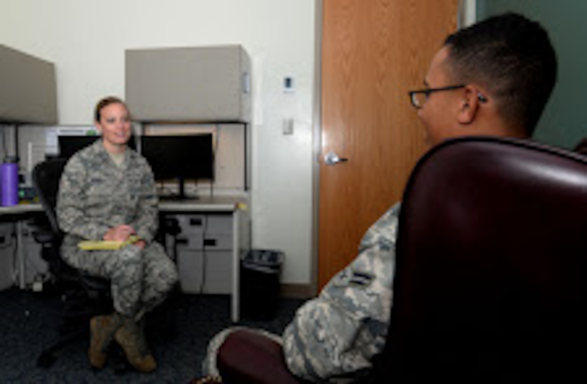Capt. Chelsea Arnold, 36th Medical Group Mental Health licensed clinical social worker, counsels a simulated patient during a simulated scenario May 11, 2016, at Andersen Air Force Base, Guam. May is Mental Health Awareness Month and the Andersen Mental Health clinic urges Airmen to keep an eye out for their peers and seek help if they are struggling. 