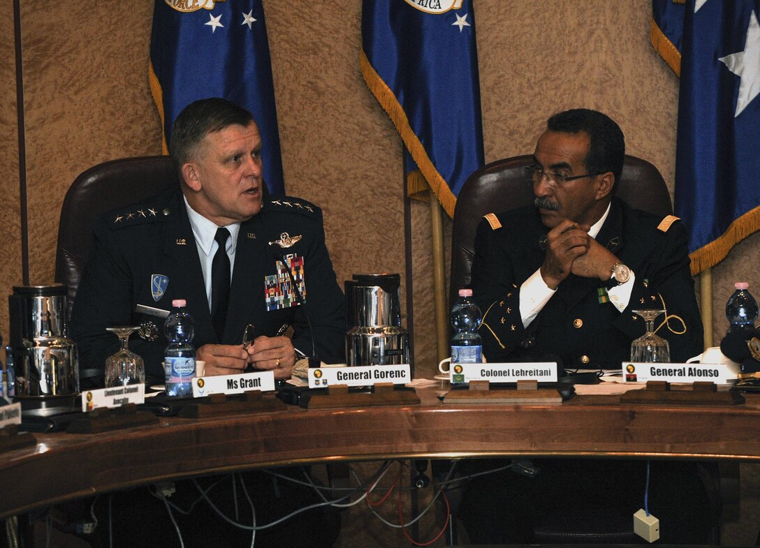 Gen. Frank Gorenc, U.S. Air Forces in Europe Air Forces Africa commander, and Col. Mohamed Lehreitani, Mauritanian Air Force Chief of Staff, introduce themselves during an African Air Chiefs Symposium May 9, 2016, at Ramstein Air Base, Germany. The leaders discussed many topics for future allied-partnerships and mutual support. (U.S. Air Force photo/Senior Airman Larissa Greatwood)