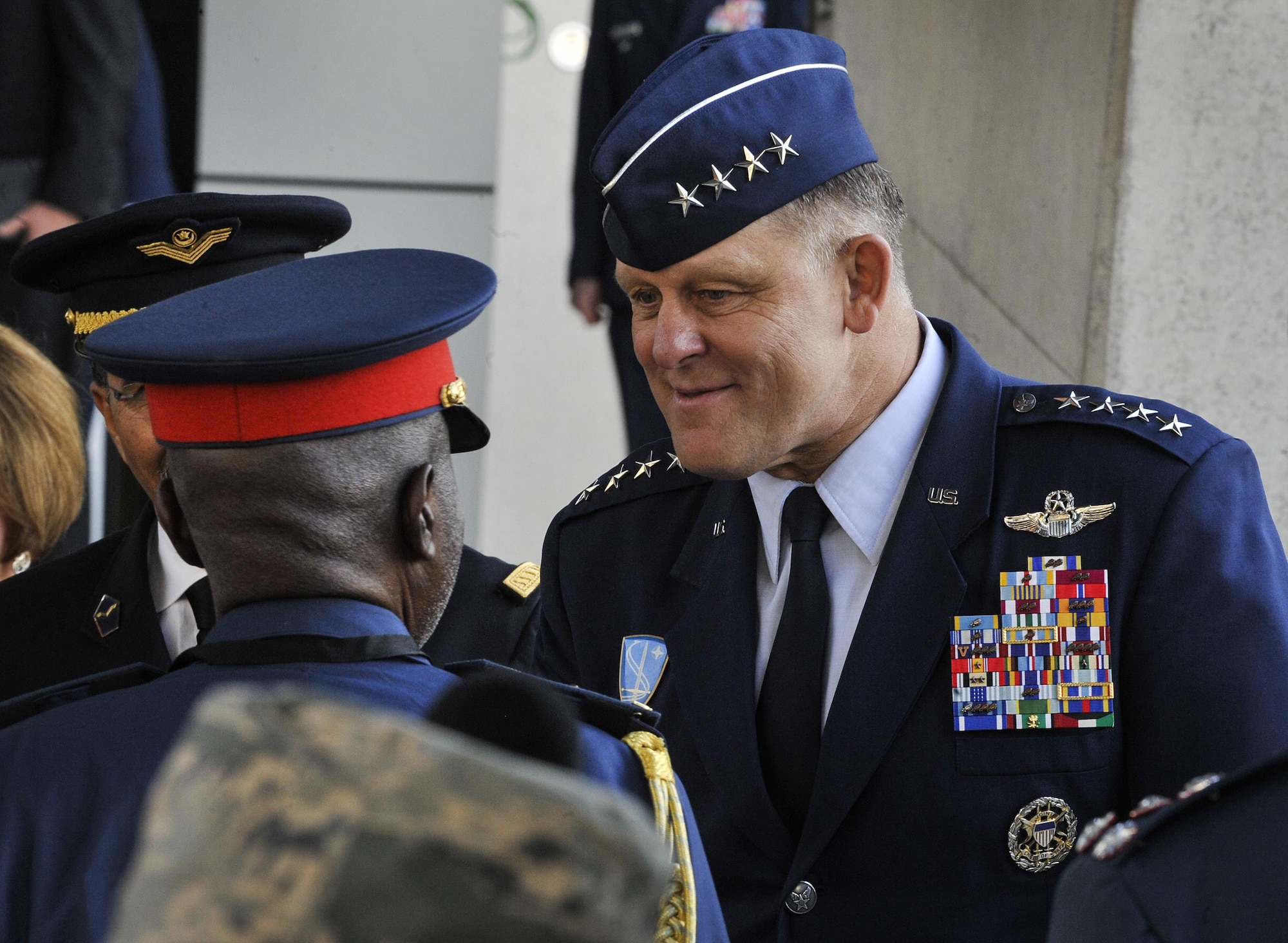 Gen. Frank Gorenc, U.S. Air Forces in Europe Air Forces Africa commander, greets African Air Chiefs during an African Air Chiefs Symposium May 9, 2016, at Ramstein Air Base, Germany. Leaders from African countries met for the symposium to form bonds and working relationships while discussing topics pertinent to the future of their countries. (U.S. Air Force photo/Senior Airman Larissa Greatwood)