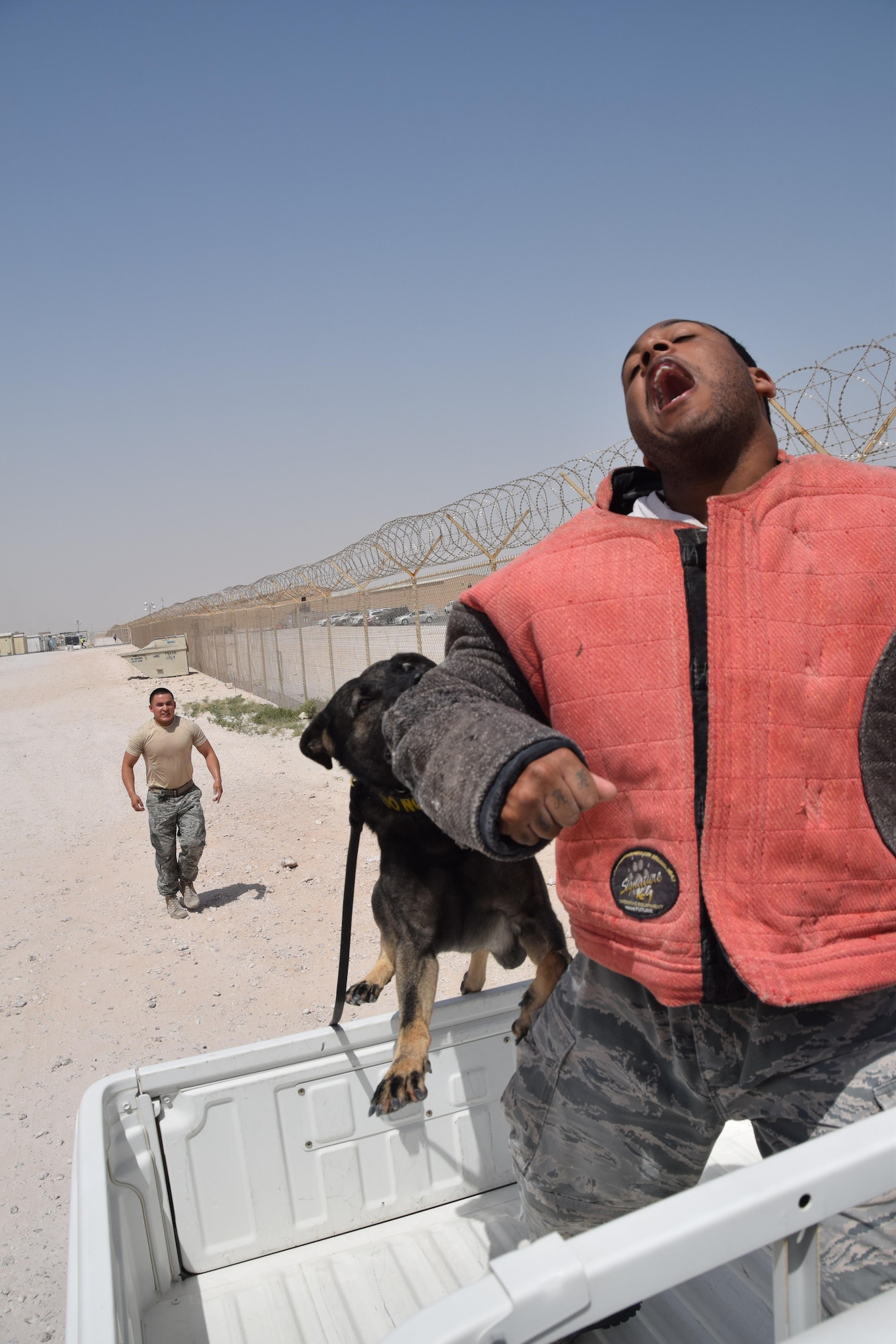 In this scenario, military working dog Rogaine climbs into the bed of a truck, with his handler Staff Sgt. Michael Peralez (left) 379th Expeditionary Security Forces MWD handler close behind to apprehend Staff Sgt. Jahmal Hardy (right) during an exercise at Al Udeid Air Base, Qatar, May 7, 2016. Hardy (right), portrayed the fleeing suspect during a training exercise. (U.S. Air Force photo by Technical Sgt. Carlos J. Trevino/Released)