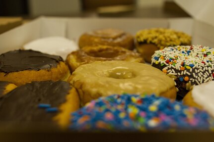 Doughnuts await U.S. Army Reserve Soldiers assigned to the 303rd Military Police Company at the Charles Egeler Reception and Guidance Center in Jackson, Michigan, May 15. The Soldiers were taught inmate control by corrections officer trainers at the local facility. The training is in place to augment their detainee operations in preparation for an upcoming deployment to Guantanamo Bay, Cuba. (U.S. Army photo by Sgt. Audrey Hayes)