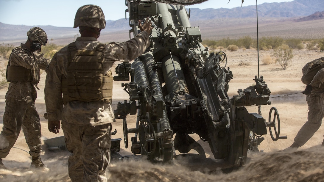 Marines with 3rd Battalion, 11th Marine Regiment, fire a 155mm M777A2 Lightweight Towed Howitzer in the Lead Mountain Training Area at Marine Corps Air Ground Combat Center Twentynine Palms, California, May 3, 2016. This firing exercise was focused on the ability of the M776 Chrome Tubes to resist the formation of hardened downbore residue when firing the M232A1 Propelling Charge 5H (top zone charges).