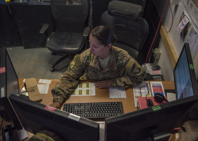 Staff Sgt. Jennifer Palacios, 455th Expeditionary Operations Support Squadron weather forecaster, looks at a satellite reading at Bagram Airfield, Afghanistan, May 16, 2016. Members of the 455th EOSS/OSW provide timely and accurate weather forecasts for aircrews, allowing flying units to plan and adjust mission requirements accordingly. (U.S. Air Force photo by Senior Airman Justyn M. Freeman)