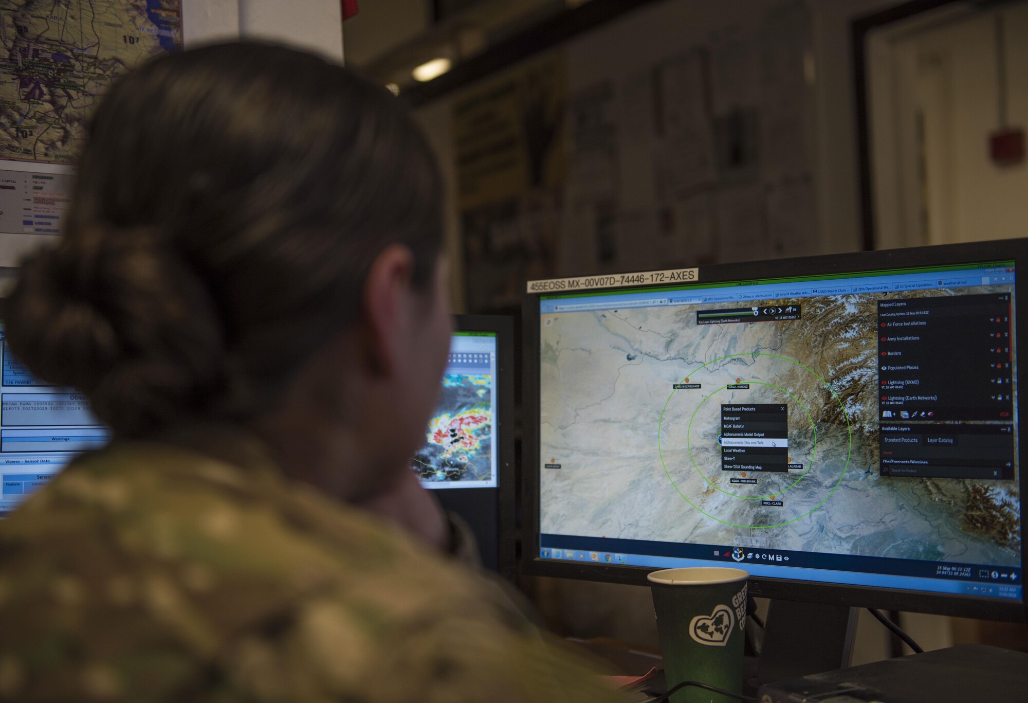 Staff Sgt. Jennifer Palacios, 455th Expeditionary Operations Support Squadron weather forecaster, looks at a satellite reading at Bagram Airfield, Afghanistan, May 16, 2016. Members of the 455th EOSS/OSW provide timely and accurate weather forecasts for aircrews, allowing flying units to plan and adjust mission requirements accordingly. (U.S. Air Force photo by Senior Airman Justyn M. Freeman)