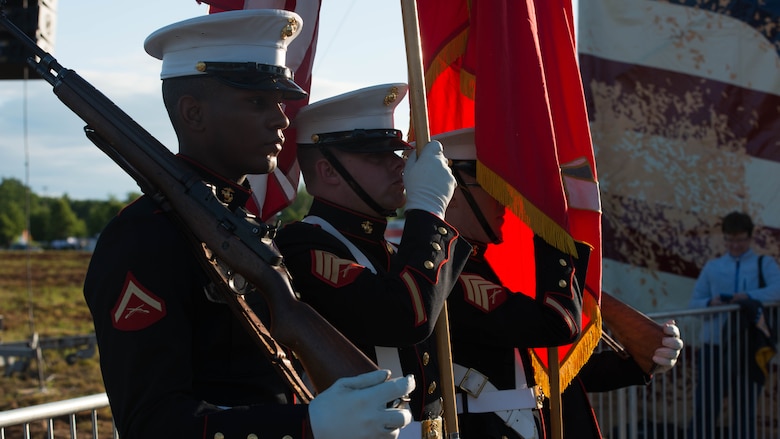 A Marine color guard from Marine Corps Base Quantico, Virginia, presents the colors prior to the start of the Marine Corps Historic Half Marathon in Fredericksburg, Virginia, May 15, 2016. The Marines have been apart of the opening ceremonies since the races inception. 