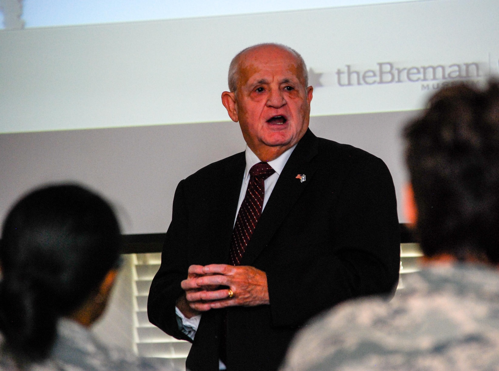 Dobbins Airmen gathered at Verhulst Hall, May 14, 2016, to listen to Hershel Greenblat speak about his Holocaust survival during World War II. (U.S. Air Force photo/Tech. Sgt. Kelly Goonan)