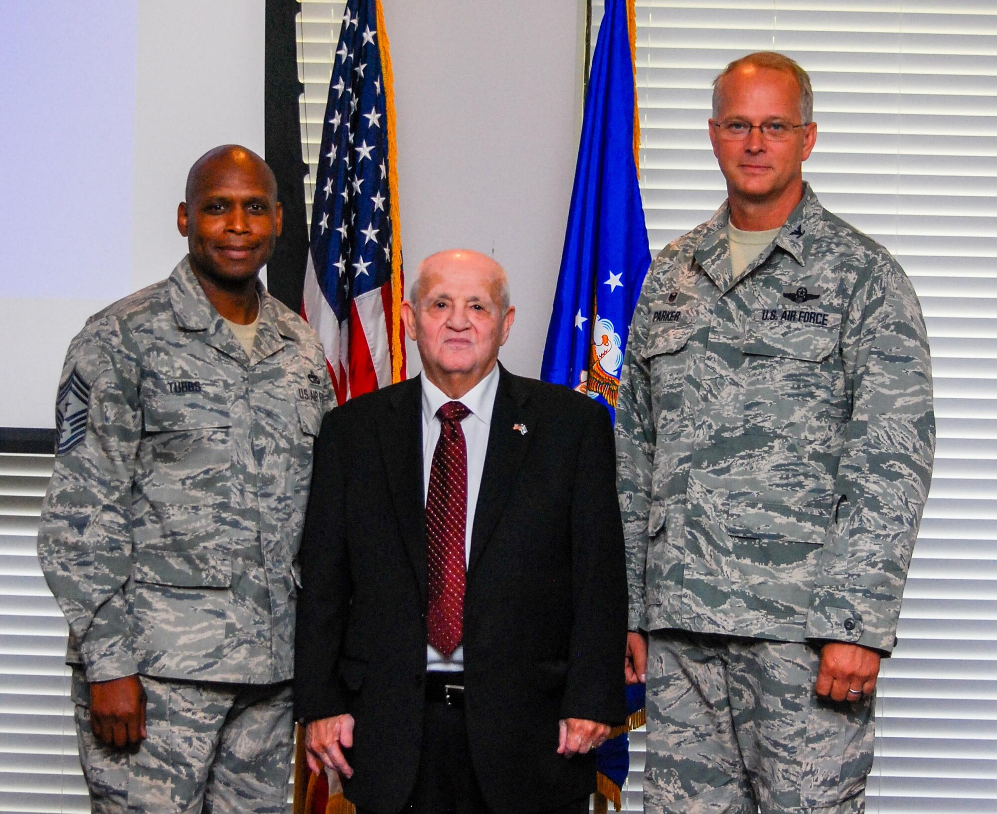 Dobbins Airmen gathered at Verhulst Hall, May 14, 2016, to listen to Hershel Greenblat speak about his Holocaust survival during World War II. (U.S. Air Force photo/Tech. Sgt. Kelly Goonan)