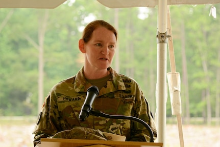 Col. Stephanie Q. Howard, commander 2nd Transportation Brigade 94th Training Division, addresses the audience during the 94th TD’s groundbreaking ceremony for a new training facility May 12, 2016. The 39,127-square-foot training center will be equipped with 15 classrooms and will include a maintenance training area for transportation courses, as well as a state of the art instructional kitchen for food service specialist courses. Ninety-fourth TD instructors could potentially train 2,635 Soldiers while teaching 120 classes annually. “I’m excited that we will be one of the future tenants in this building we’re here to celebrate,” Howard said.