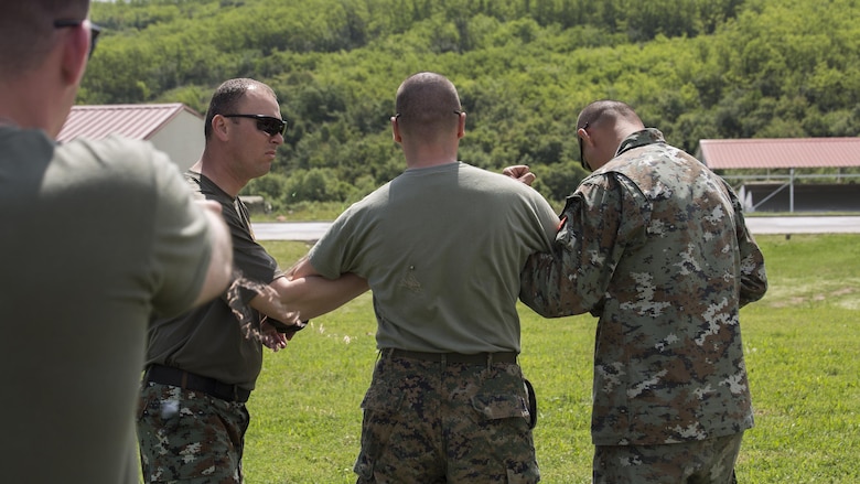 A Bosnian soldier demonstrates taser firing techniques during a non-lethal weapons class as part of  exercise Platinum Wolf 2016 at Peacekeeping Operations Training  Center South Base in Bujanovac, Serbia, May 13, 2016. Seven countries including Bosnia, Bulgaria, Macedonia, Montenegro, Slovenia, Serbia, and the United States joined together to enhance their ability to work together and master the use on non-lethal weapons systems. 