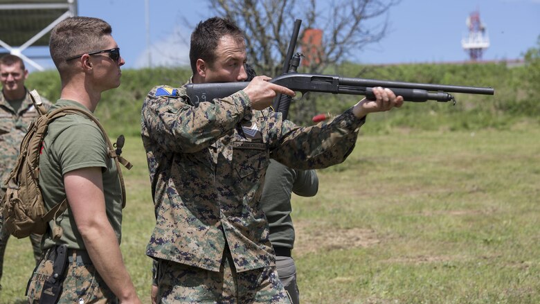 Sgt. Martin Belden, a non-lethal weapons instructor with 4th Law Enforcement Battalion, Force Headquarters Group, Marine Forces Reserve, observes a Bosnian soldier during practical application in a non-lethal weapons course at exercise Platinum Wolf 2016 aboard Peacekeeping Operations Training  Center South Base in Bujanovac, Serbia, May 13, 2016. Seven countries including Bosnia, Bulgaria, Macedonia, Montenegro, Slovenia, Serbia, and the United States joined together to enhance their ability to work together and master the use on non-lethal weapons systems. 