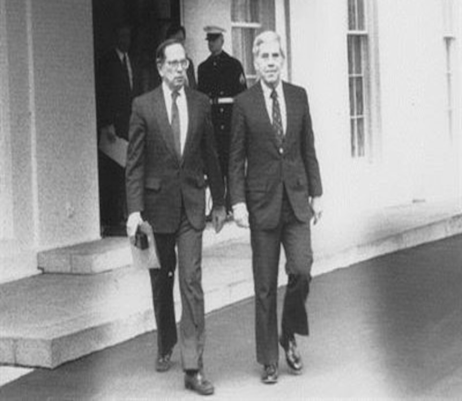 Then-U.S. Sens. Sam Nunn, left, and Richard Lugar leave the White House in 1991 after briefing then-President George H.W. Bush on their cooperative threat reduction legislation. 