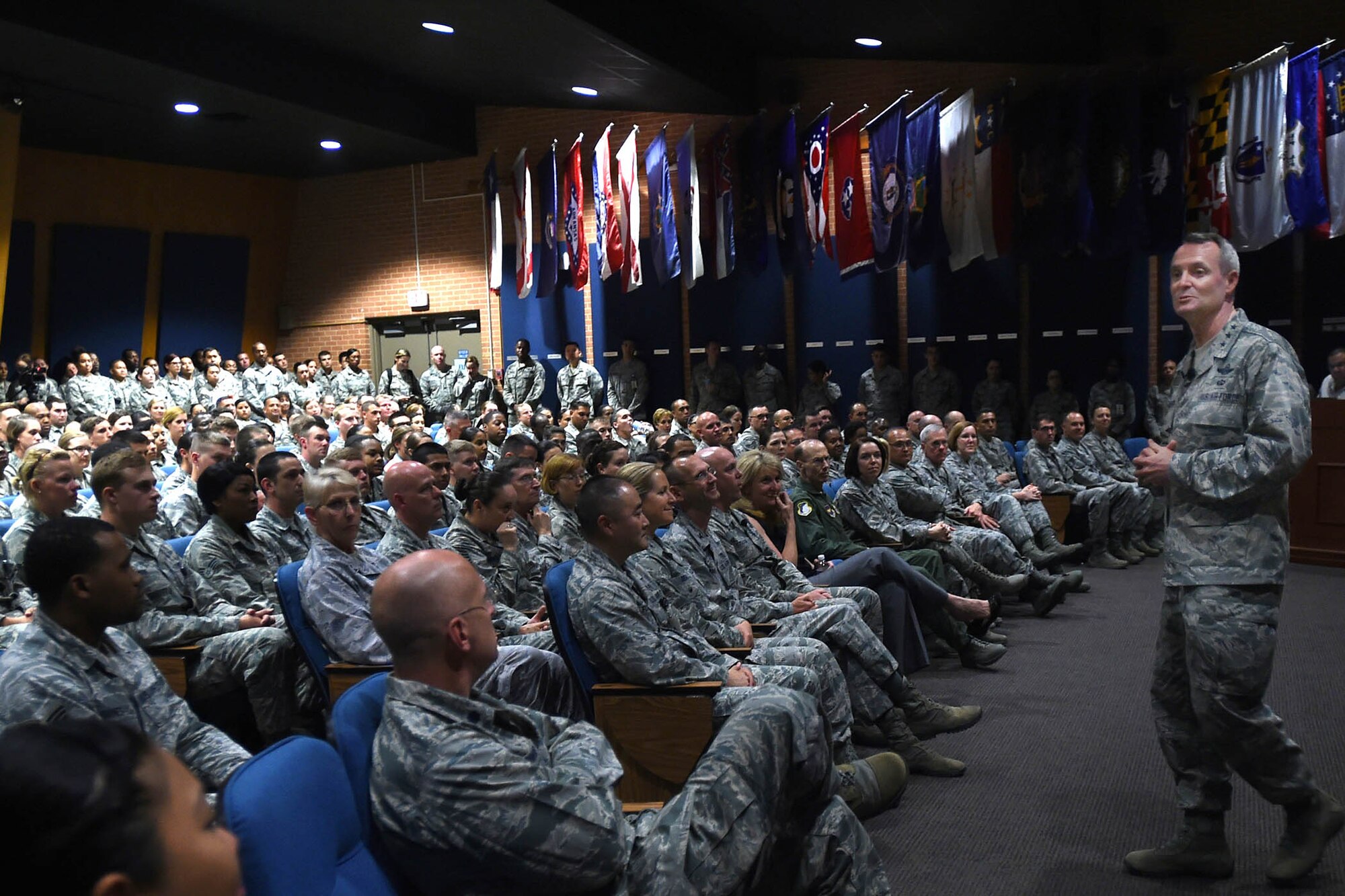 Lt. Gen. Darryl Roberson, commander, Air Education and Training Command, talks with 59th Medical Wing Airmen during an all call gathering May 11 at the Wilford Hall Ambulatory Surgical Center, Joint Base San Antonio-Lackland. The general talked about his focus areas and shared his leadership philosophy with the wing. (U.S. Air Force photo/Staff Sgt. Jason Huddleston)