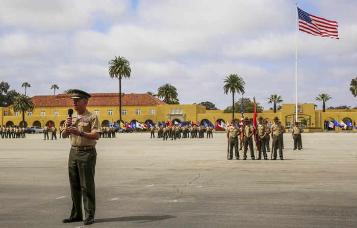 Brigadier Gen. James W. Bierman, Commanding General, Marine Corps Recruit Depot San Diego/Western Recruiting Region, gives his remarks at a post and relief ceremony at MCRD San Diego, April 29. During the ceremony, Sgt. Maj. James K. Porterfield was relieved by Sgt. Maj. Alex M. Dobson, MCRD San Diego/WRR, after serving at the depot since October 2013.
