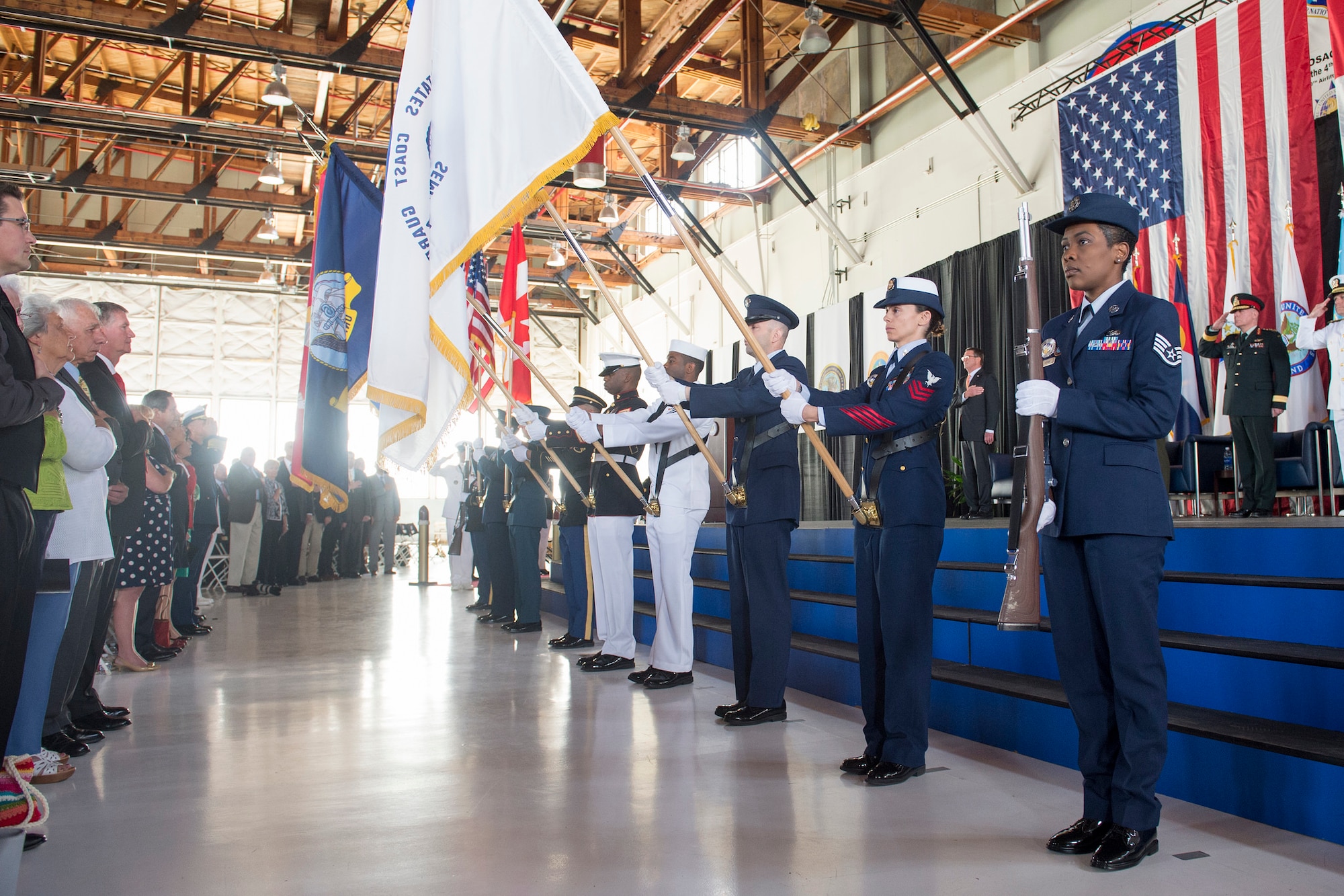 Members of the North American Aerospace Defense Command and U.S. Northern Command joint service color guard present the colors at the beginning of the change of command ceremony, May 13, 2016 on Peterson Air Force Base, Colo. (DoD Photo by N-NC Public Affairs/Released)