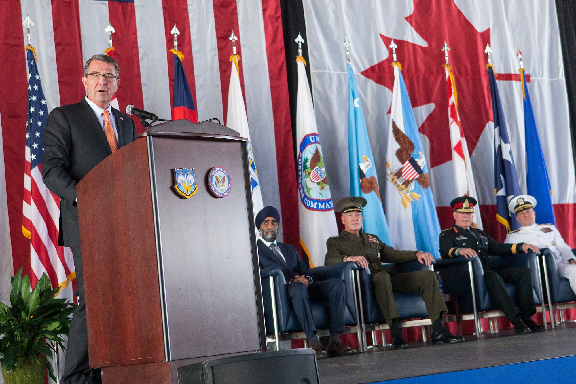 U.S. Secretary of Defense Ashton B. Carter provides remarks during the North American Aerospace Defense Command and U.S. Northern Command Change of Command ceremony, May 13, 2016 on Peterson Air Force Base, Colo. U.S. Air Force Gen. Lori J. Robinson was appointed by the President of the United States and the Prime Minister of Canada and confirmed by the U.S. Senate to assume command from U.S. Navy Adm. Bill Gortney. (DoD Photo by N-NC Public Affairs/Released)