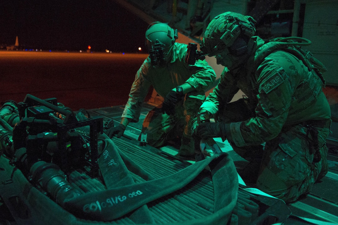Airmen prepare to deploy a forward arming refueling point, or FARP, from an MC-130J Commando II aircraft during Exercise Emerald Warrior 16 at Hurlburt Field, Fla., May 5, 2016. The airmen are assigned to the 27th Special Operations Wing and 1st Special Operations Wing. 