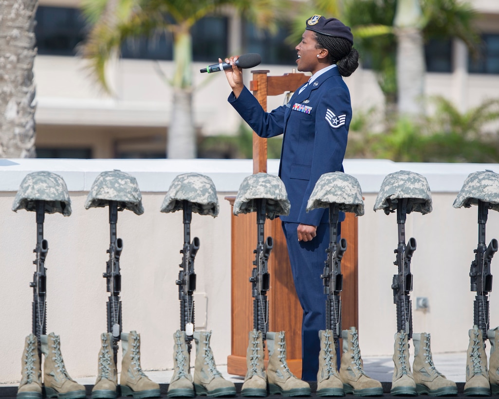 The 45th Security Forces Squadron honored all law enforcement and first responders who have made the ultimate sacrifice during the National Police Week Opening and Fallen Heroes Ceremony May 16, 2016, at Patrick Air Force Base, Fla. This year’s National Police Week dates are held May 15-21, 2016. A SFS Open House is scheduled for May 18, which includes a Military Working Dog demonstration. Guests can also see the holding cells, dispatch center, mobile command post, weapons display, and patrol vehicle from 2-4 p.m. in building 1319. The open house is open to those with a valid DOD identification card. Additionally, a Wing Run is slated for May 20 at 7 a.m. at the WarFit Field. All members have the option to complete a 2-mile or 5K ruck march instead of 5K run. For more information, call (321) 494-6949/6270. (U.S. Air Force photos/Matthew Jurgens/Released)