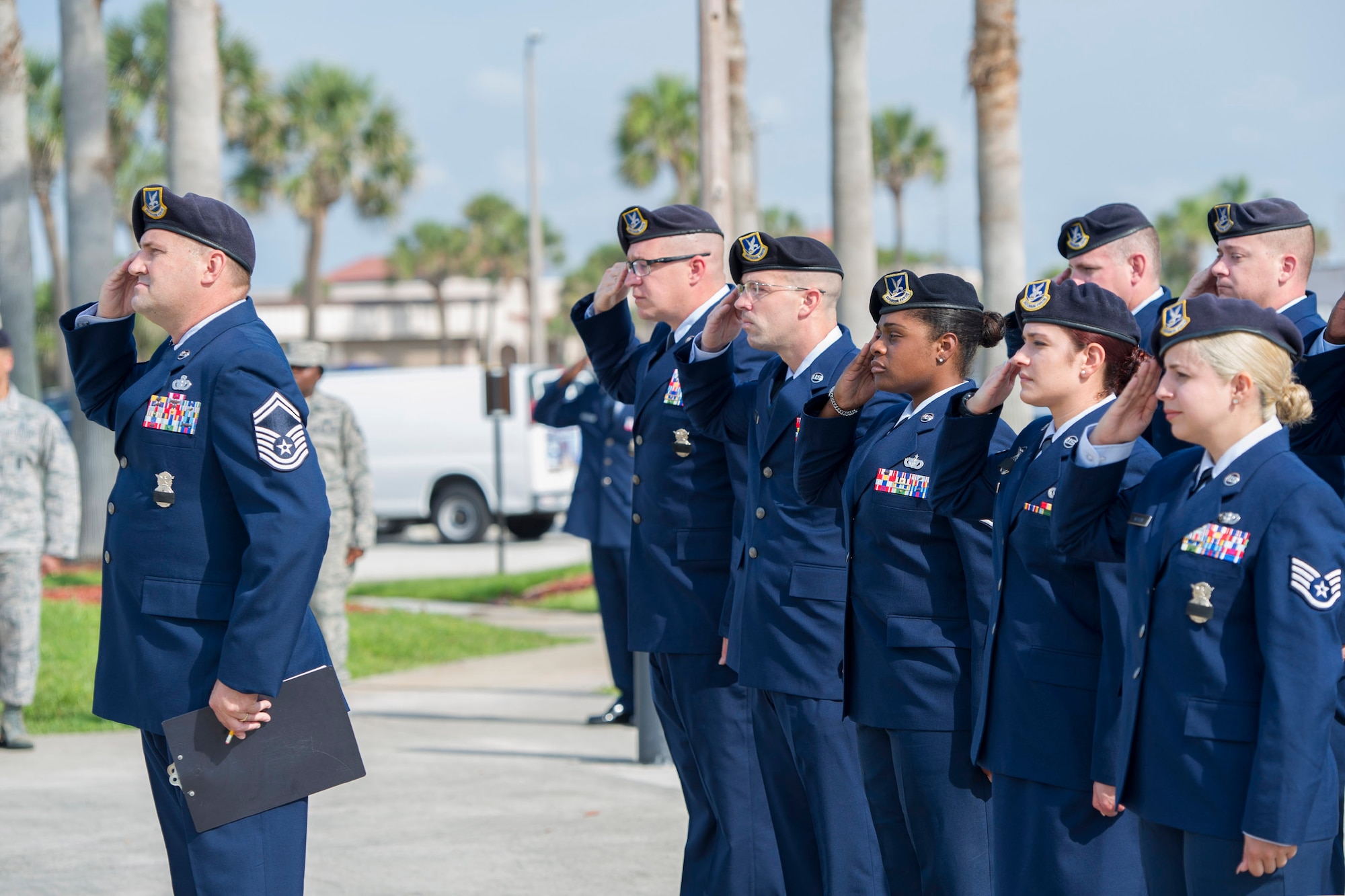 The 45th Security Forces Squadron honored all law enforcement and first responders who have made the ultimate sacrifice during the National Police Week Opening and Fallen Heroes Ceremony May 16, 2016, at Patrick Air Force Base, Fla. This year’s National Police Week dates are held May 15-21, 2016. A SFS Open House is scheduled for May 18, which includes a Military Working Dog demonstration. Guests can also see the holding cells, dispatch center, mobile command post, weapons display, and patrol vehicle from 2-4 p.m. in building 1319. The open house is open to those with a valid DOD identification card. Additionally, a Wing Run is slated for May 20 at 7 a.m. at the WarFit Field. All members have the option to complete a 2-mile or 5K ruck march instead of 5K run. For more information, call (321) 494-6949/6270. (U.S. Air Force photos/Matthew Jurgens/Released)